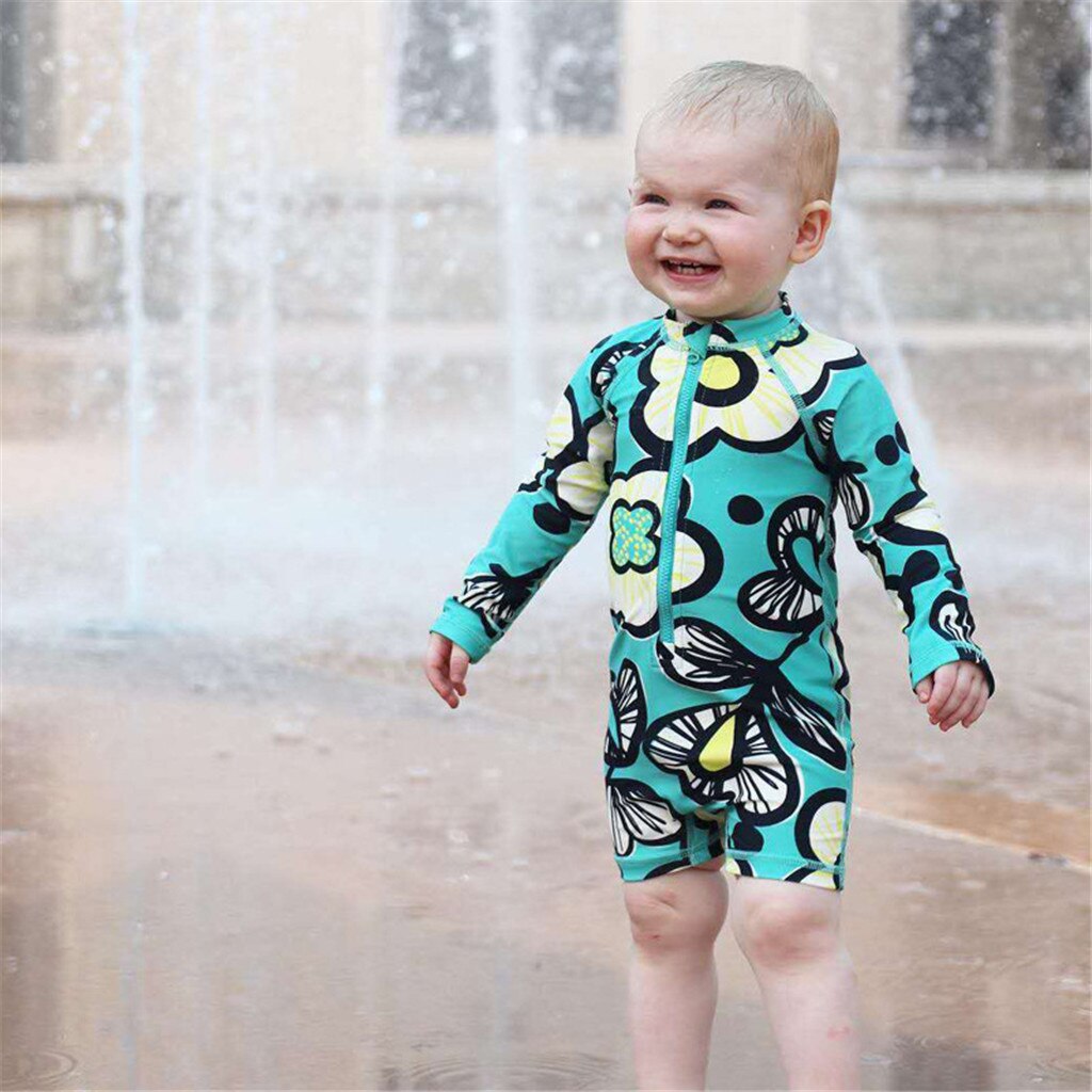 One-Piece Swimsuit for Girls Floral Print Zipper Front Long Sleeve Bikini Beachwear Cute Bathing Children's Swimsuit