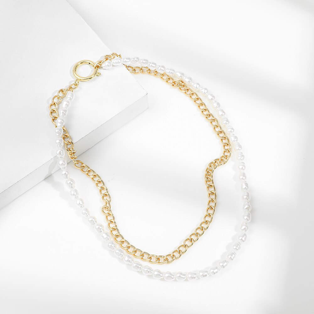 Vintage Pearl Necklaces for Women Round Buckle Double Layer Metal Link Chain Choker Necklace Birthday Jewelry