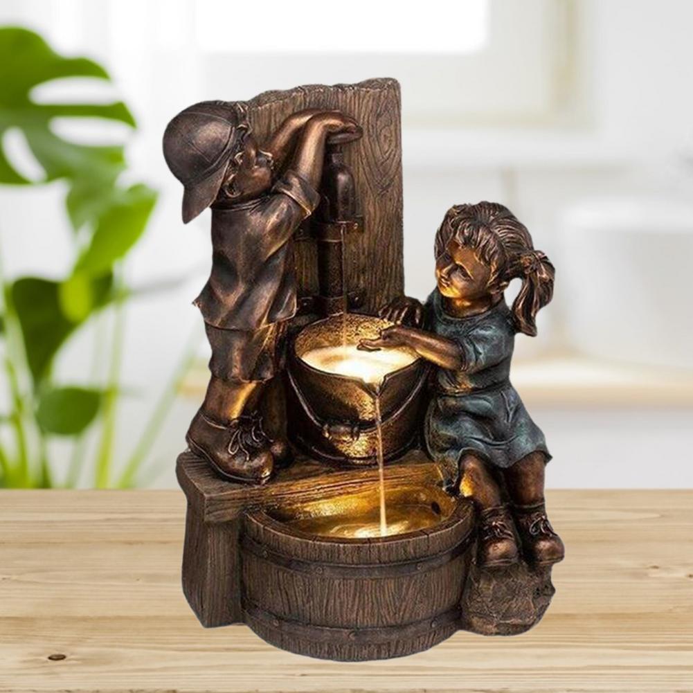 Boy And Girl Garden Statue Resin Waterfall Water Flow Ornament Outdoor For Home Yard Garden Desktop Sculptures Office Decor