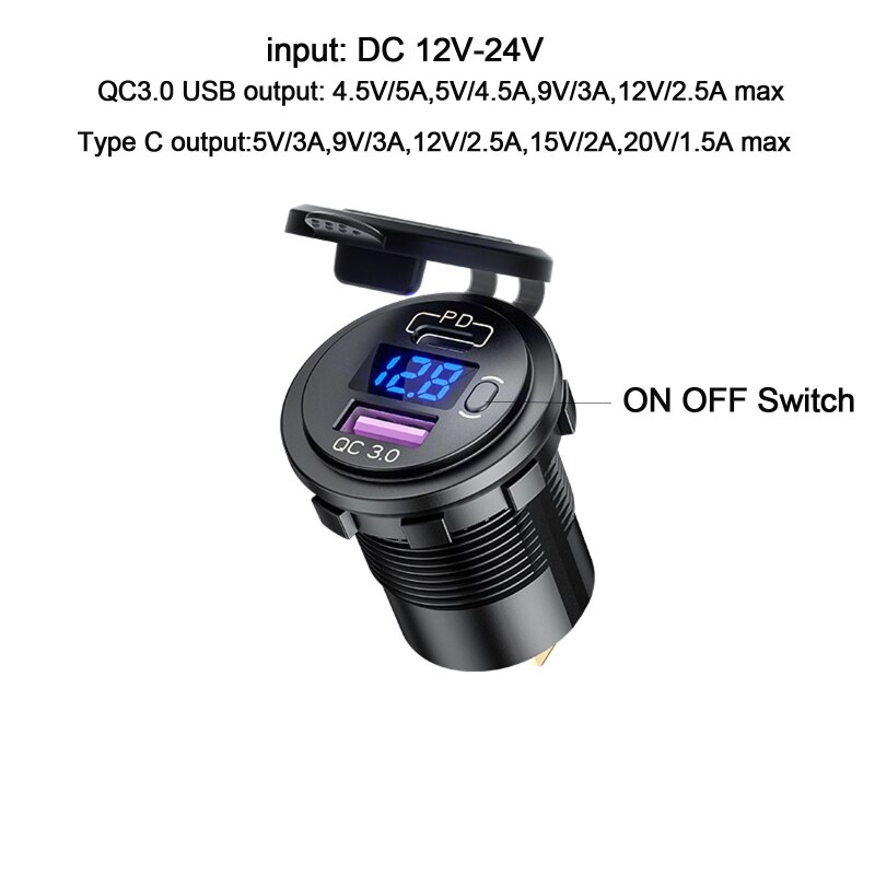 12V 24V Type C PD QC3.0 USB Car Charger Fast Charging Socket Power Outlets with Voltmeter Switch for Motorcycles Marines