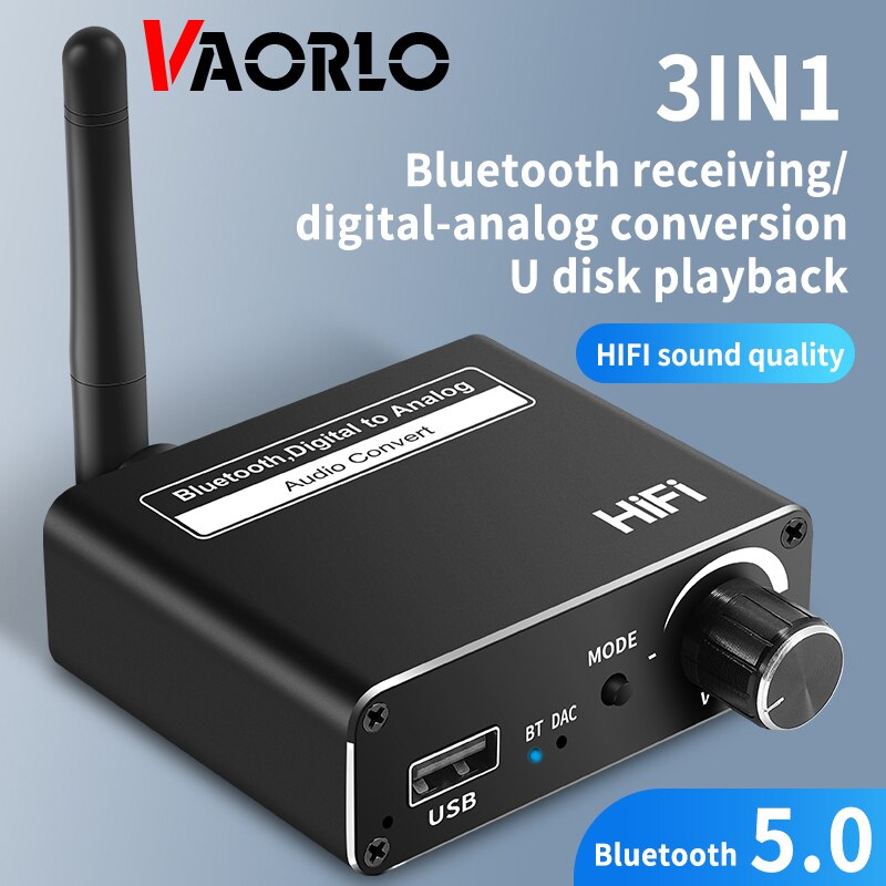 VAORLO-receptor de Audio Digital a analógico, convertidor DAC de fibra óptica Coaxial 3 en 1 compatible con Bluetooth 5,0, adaptador auxiliar de 3,5mm