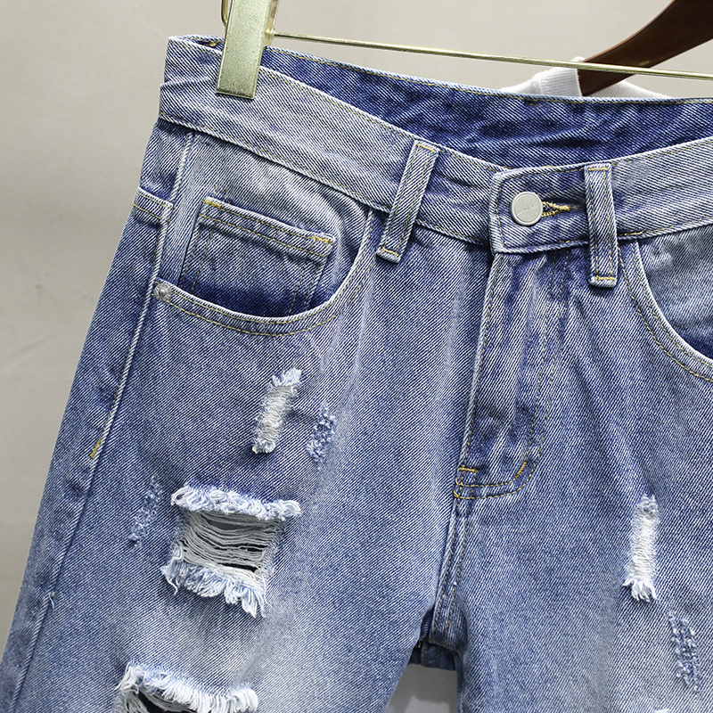 Summer Male Ripped Hole Destroyed Light Blue Denim Shorts Streetwear Jeans Five Points Pants Comfortable Men Clothing