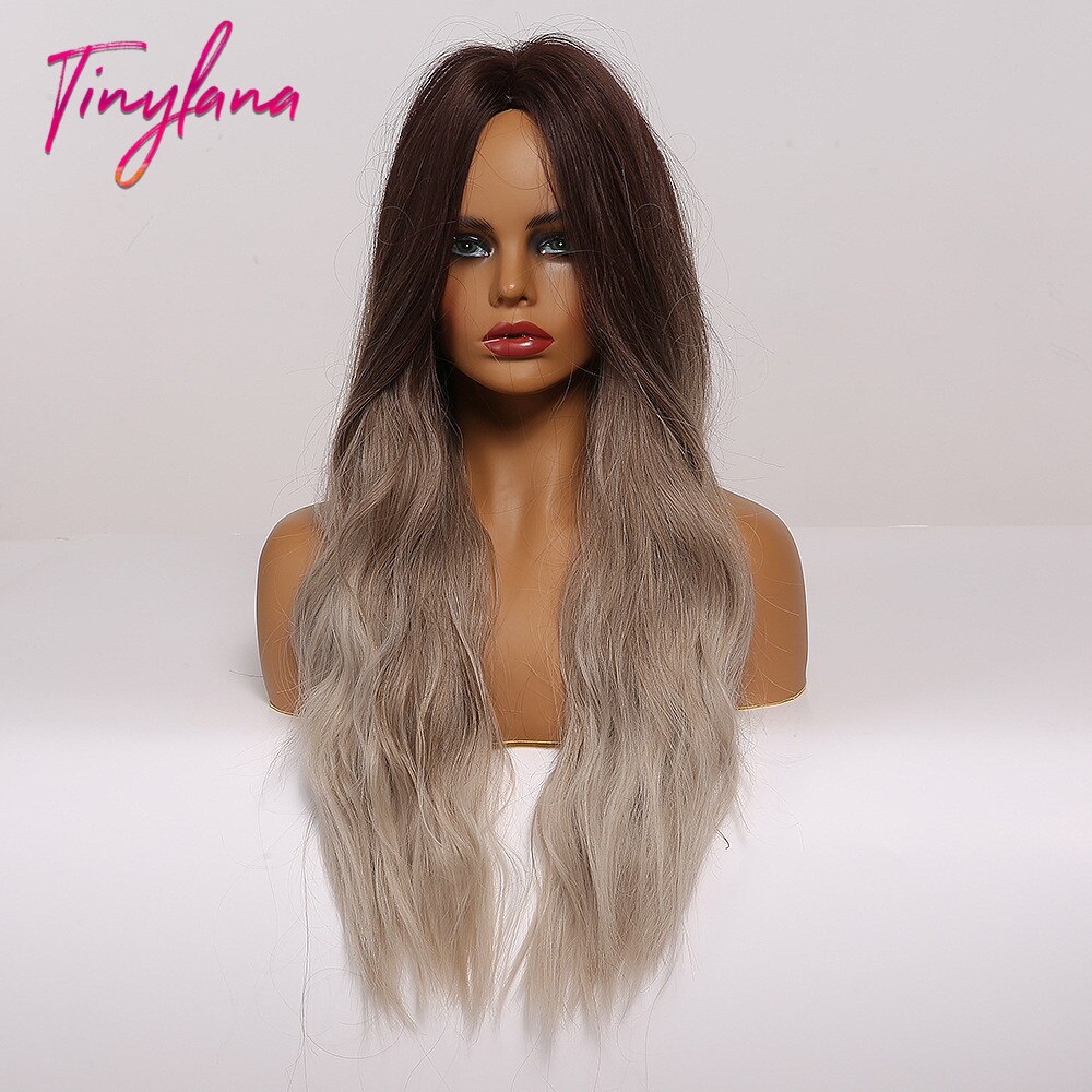 TINY LANA Synthetic Wigs Golden Ash Blonde Ombre Long Middle Point Wavy HairStyle Natural Hairline for Afro Women Heat Resistant