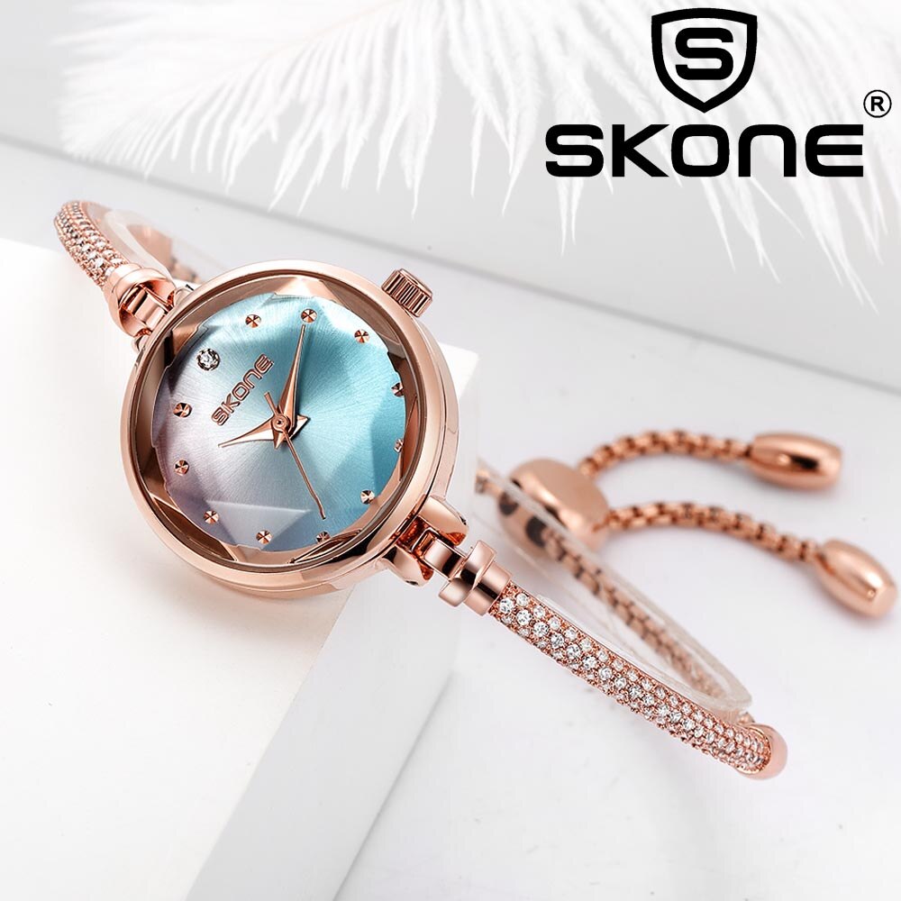 SKONE Flash Diamond Winter Light Blue Small Dial Ladies Steel Bracelet Watch Top Brand Luxury Montre Femme