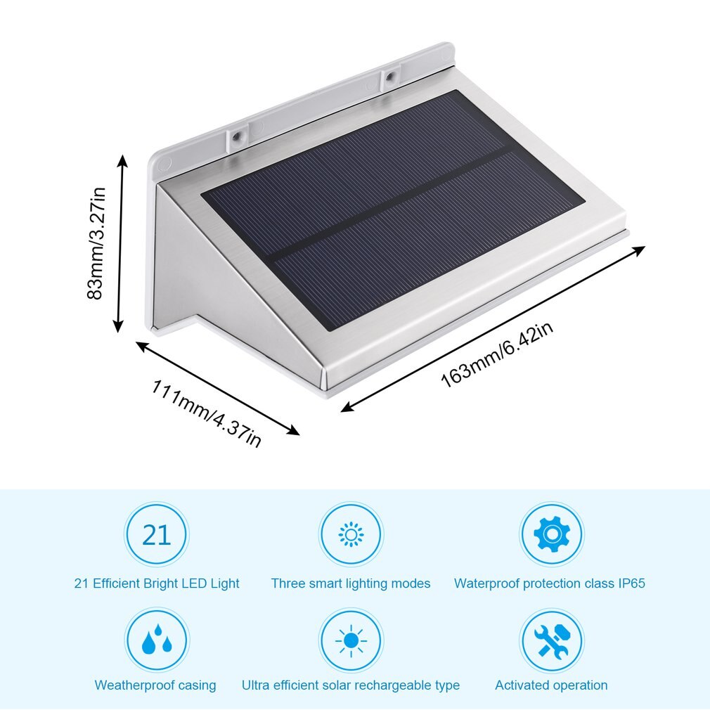 Icoco 21 ledet 330lm bevegelsessensor innebygd batteri energibesparende lang levetid multifunksjons aktivert solsikkerhet vegglampe