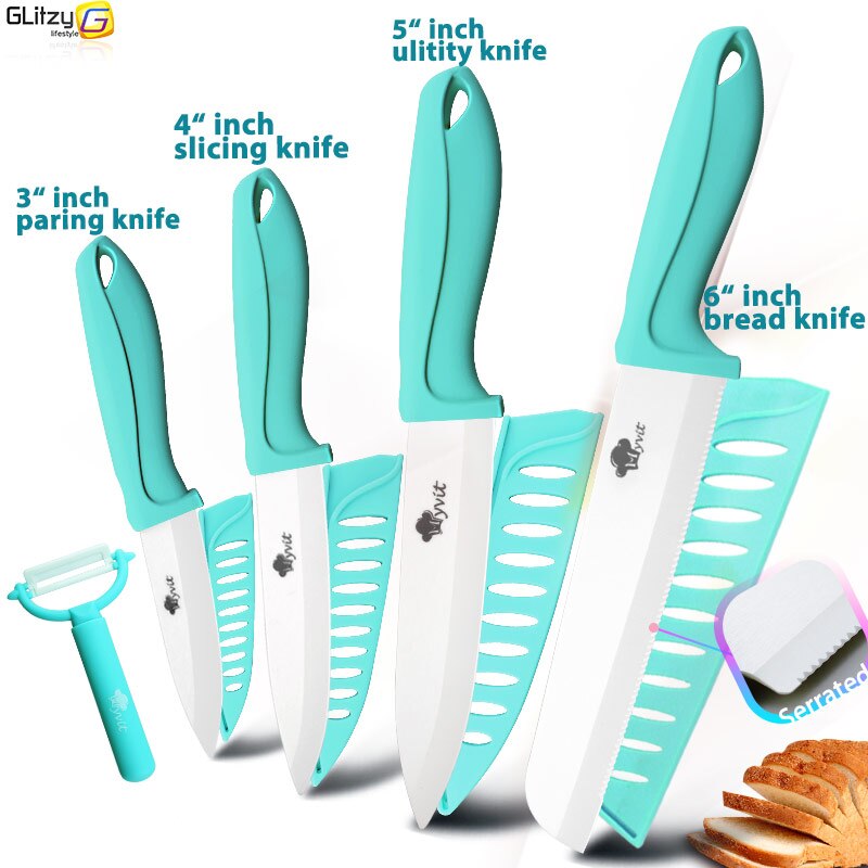 Ceramic Knife 3 4 5 6 inch Knives Kitchen Set White Blade Chef Utility Paring Vegetable Slicing Ceramic Knives With Peeler Set: 3456B WATER BLUE