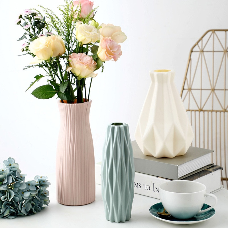 1Pcs PE Big Belly/Diamond/Tree Shape Vase Flower Imitation Ceramic Plastic Flower Vase Flower Basket Nordic Style