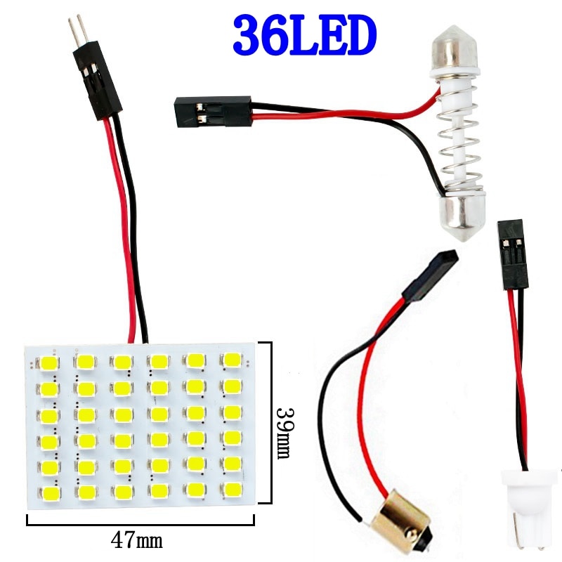 12 36 48 SMD 2835 LED Auto Dome Panel Light Car Interior Reading Lamp Roof Bulb With T10 W5W BA9S C5W Festoon 3 Adapter Base