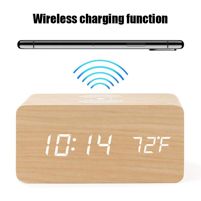 Wooden Digital Clock Sound Control Electronic Alarm Clock Led Mobile Phone Wireless Charging Wooden Clock