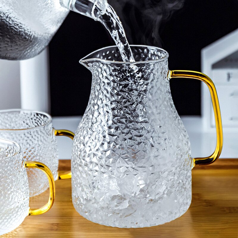 Gennemsigtig glas vandkande / koldt vand tekande glas rustfrit stål flow låg vandkaraffel med håndtag varmebestandigt tekande sæt