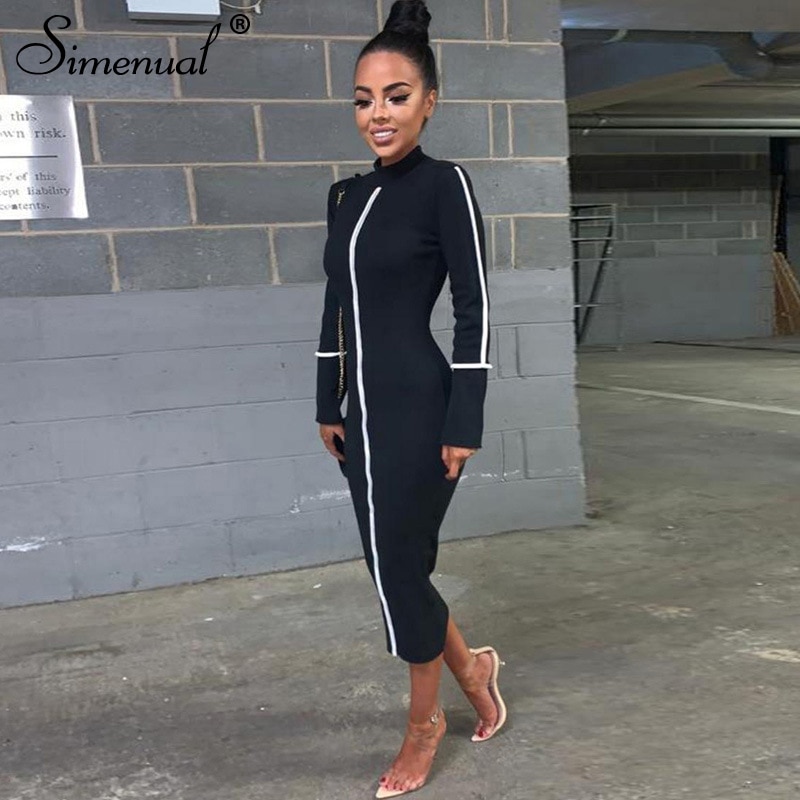Simenual lässig Bodycon Frauen Lange Kleid Volle Hülse gestreift Patchwork Kleider Rollkragen Damen Dünne Kleider