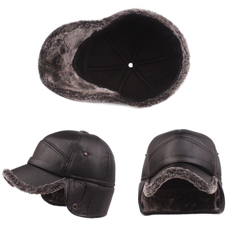 Winter Warm Mens Leather Cap Warm Baseball Cap with Ear Flaps Thick Fur Caps for Winter Bomber Hats PU Leather Man Hat