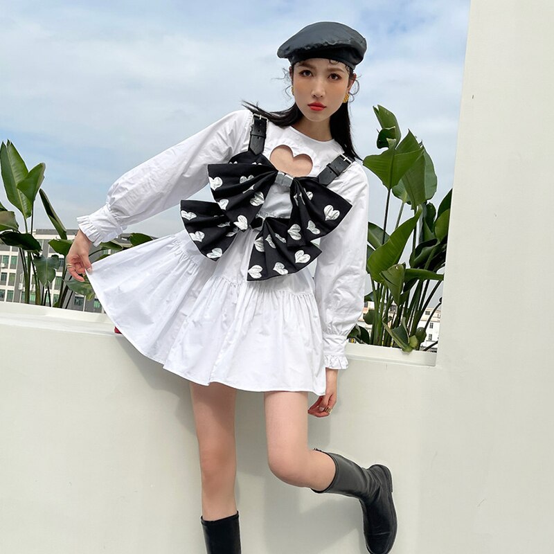 Jurk + Vest Tweedelige Sets Vrouwen Retro Wit Hart Hollow Out Lange Mouwen Jurken Sweet Leuke Boog Vest Streetwear Outfits