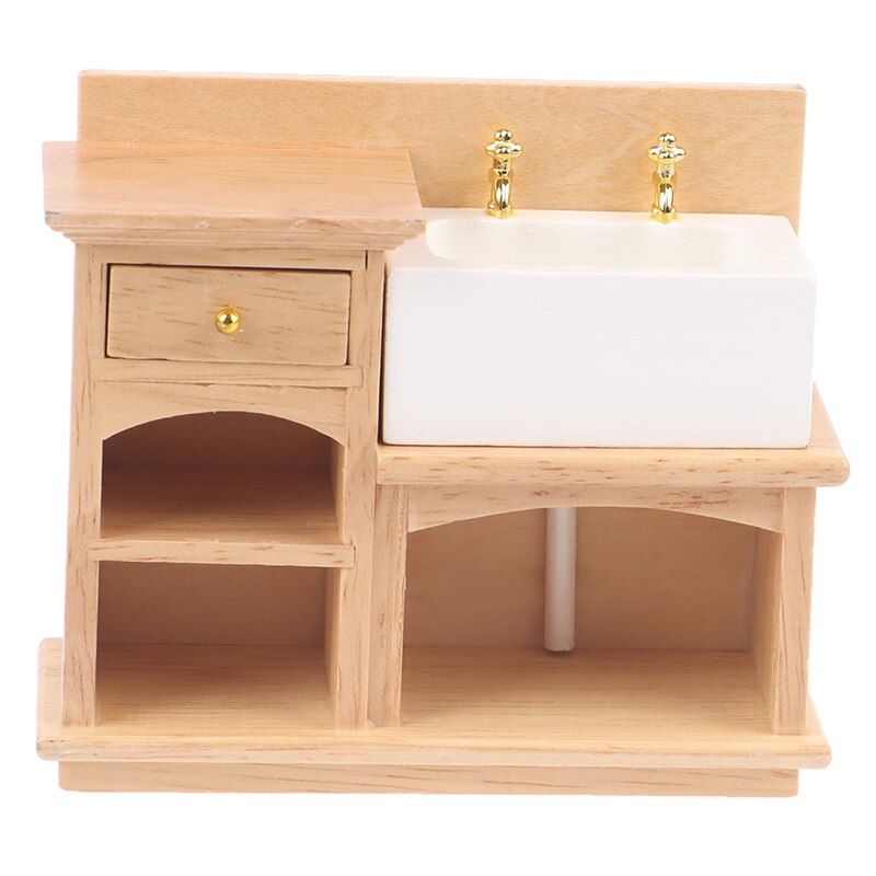 1/12 Miniatuur Houten Wastafel Kast Met Keramische Hand Sink Meubels Voor Poppenhuis Badkamer Of Keuken Decoratie