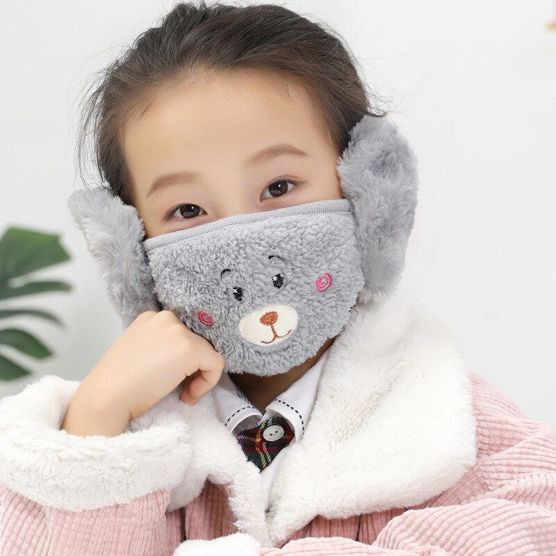 Udendørs vinter ørebeskyttere til piger kvinder ørepropper munddæksel bjørn fløjl drenge vinter øreprop wrap øre varmere øreprop: Grå piger