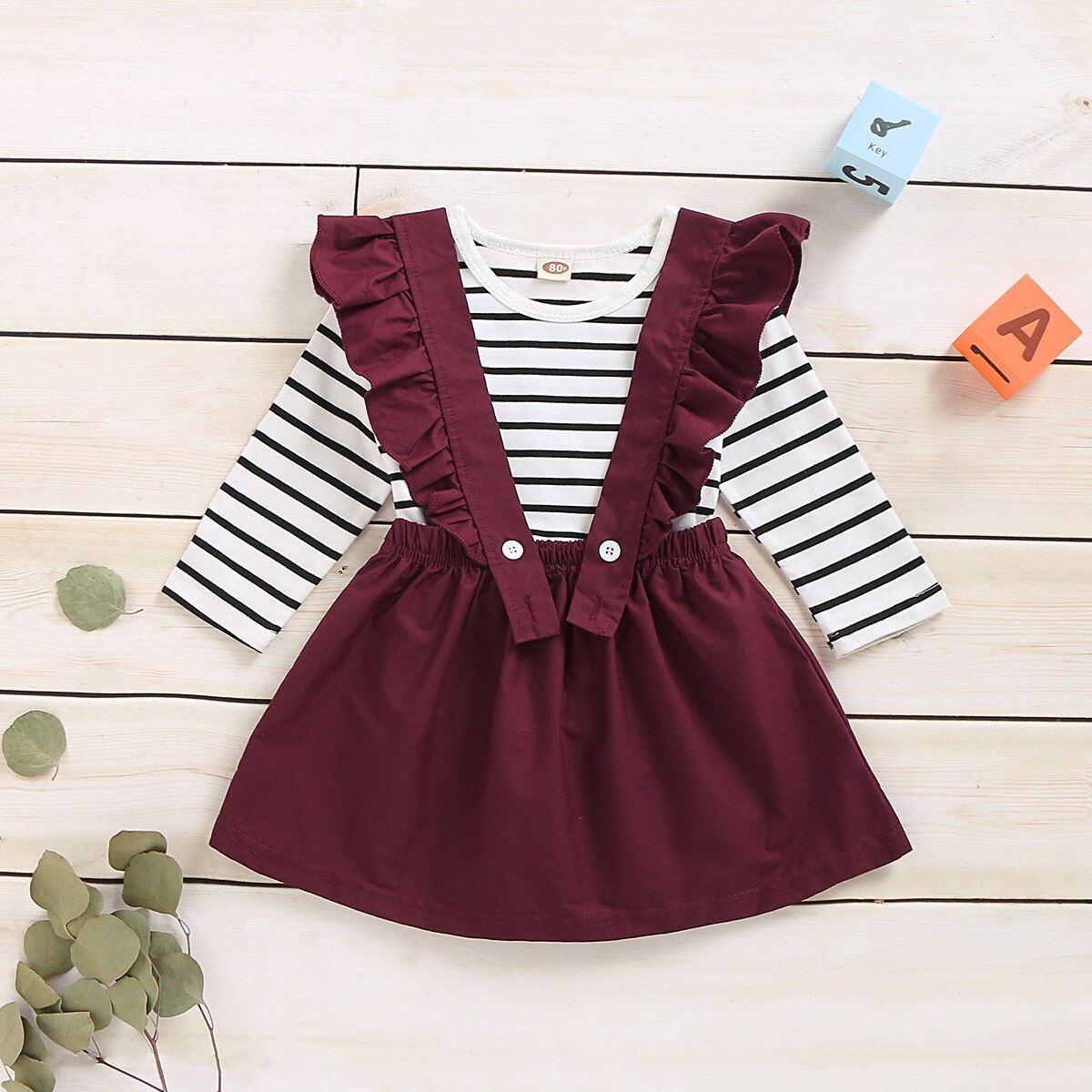 Meisjes Rokken Tweedelige Pak Lange Mouwen Gedrukt Gestreepte Tops En Meisjes Sling Kant Rok Kinderkleding: Wine Red / 120