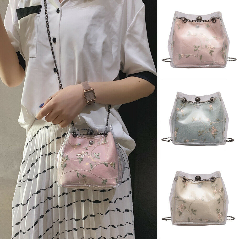 Newest Women Clear Transparent Composite Bag Embroidered Floral Messenger Handbag Crossbody Shoulder Tote Purse