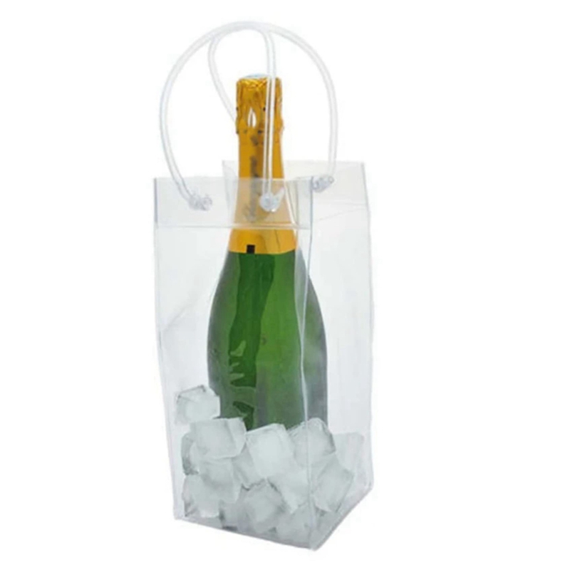 Bolsa de PVC transparente para enfriar botellas de vino, bolsa de hielo portátil con asa, paquete de 10 unidades