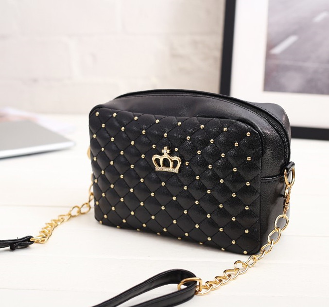 Zomer Mode Vrouwen Messenger Bags Klinknagel Keten Schoudertas Pu Lederen Crossbody Quiled Crown Tassen: crown black