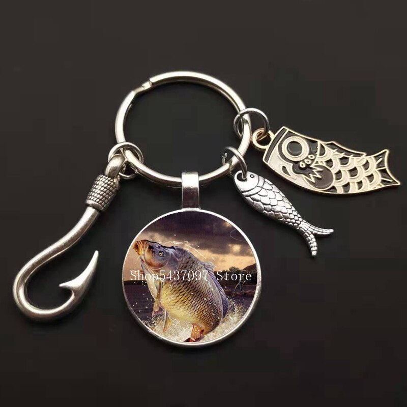 LLavero de maestro de pesca a la , llavero con anzuelo, llavero con cúpula de cristal, llavero de pescador I Love Fishing Fish, llave colgante: Morado oscuro