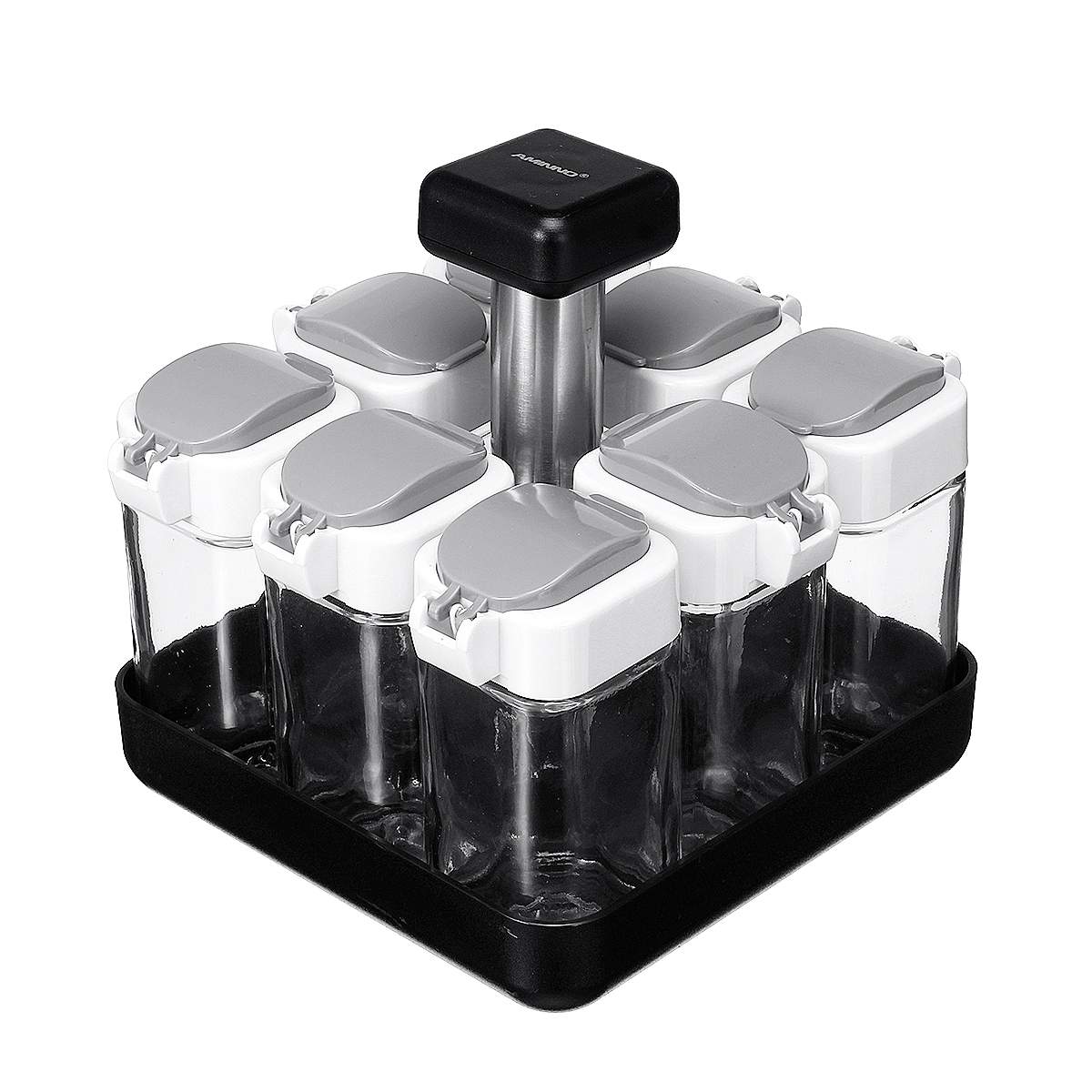 Rotating 8 Bottle Spice Jar + Rack Set Stand Holder Organizer Caddy-Rotating-Spice-Storage-for-Cabinet-and-Kitchen