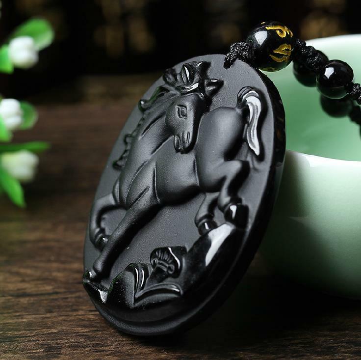 Natuurlijke Obsidiaan Zodiac Paard Hanger Kralen Ketting Charm Sieraden Mode Accessoires Hand-Gesneden Man Lucky Amulet