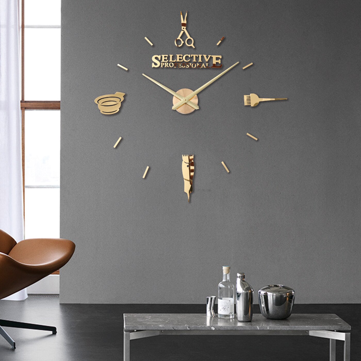 Herramientas de corte de pelo simples de EVA reloj de peluquería DIY acrílico 3D pegatinas de pared Relojes estéreo personalizados: Oro