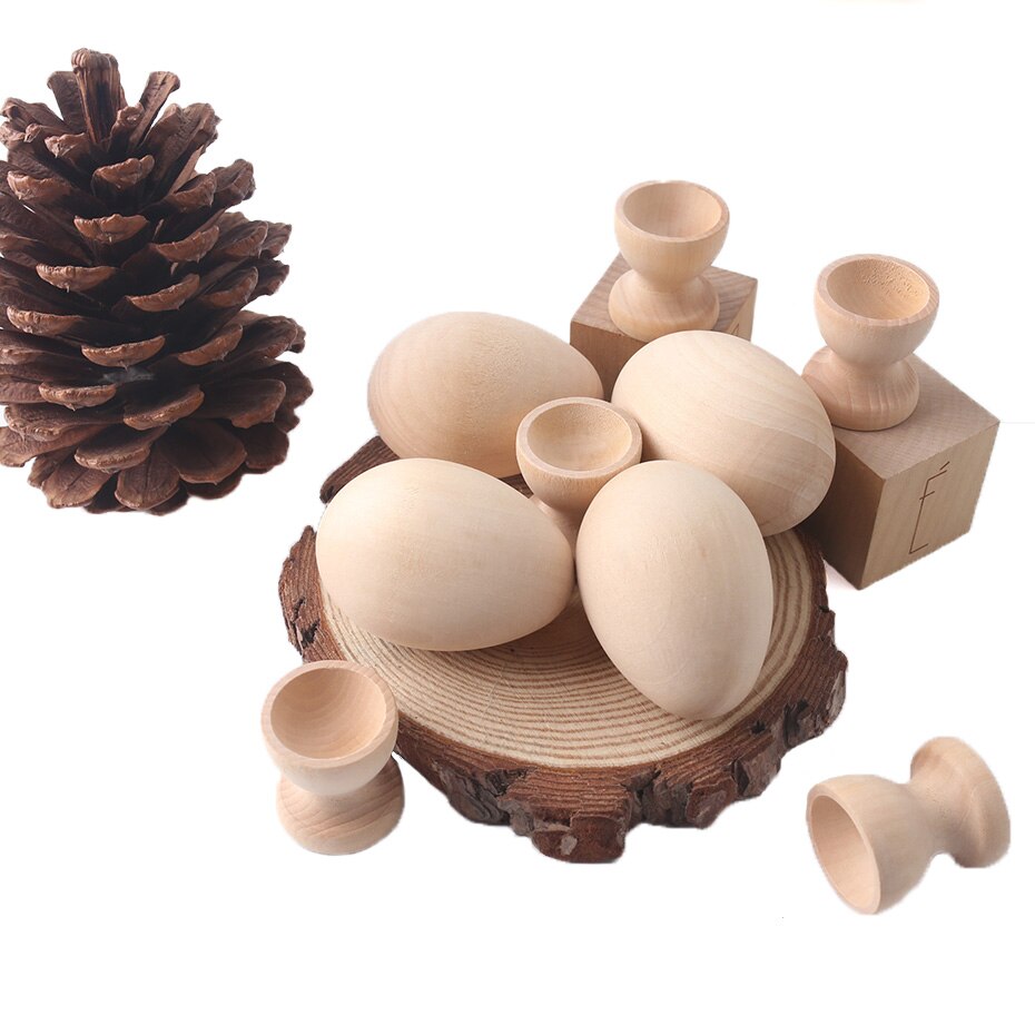 2pc Wooden Egg Cups Easter Egg DIY Unfinished Crafts Smooth Surface Wooden Teething Toys Baby Wood Painting Blocks Toys