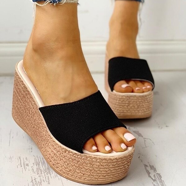 Sandales d'été avec plateforme et talons hauts compensés pour femme, chaussures estivales féminines à bout ouvert, style décontracté,: black / 40