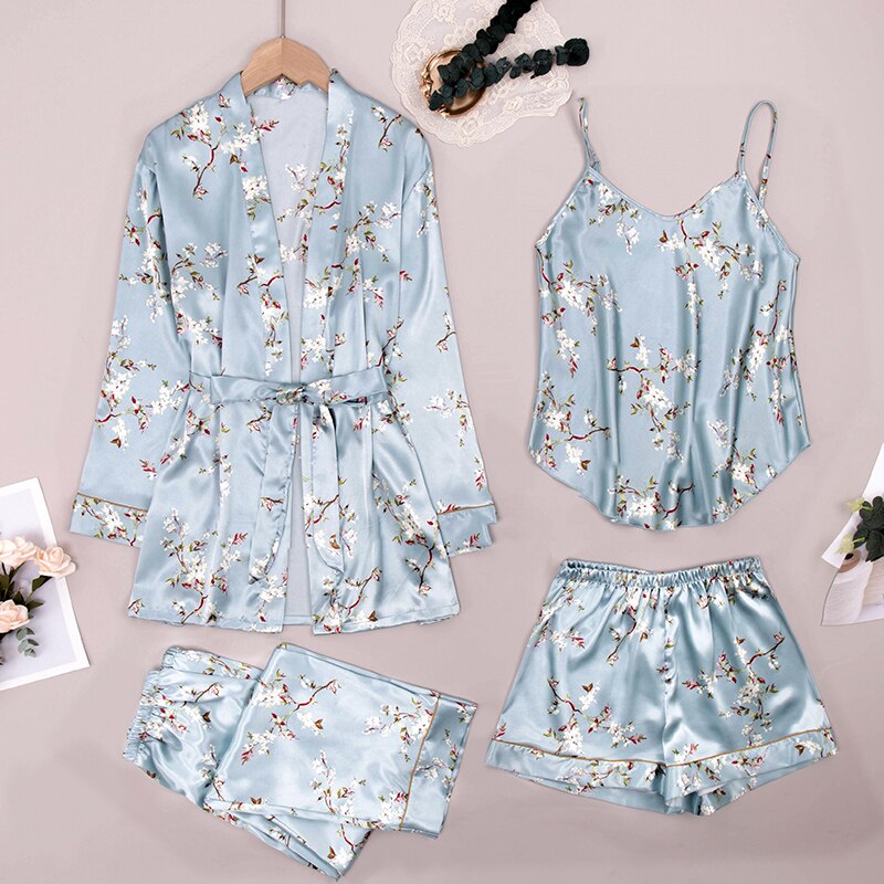 ChunShang Ice Silk Four-Piece Pajamas Female Spring Sexy Sling Long-Sleeved Nightgown Silk Home Service Suit: M