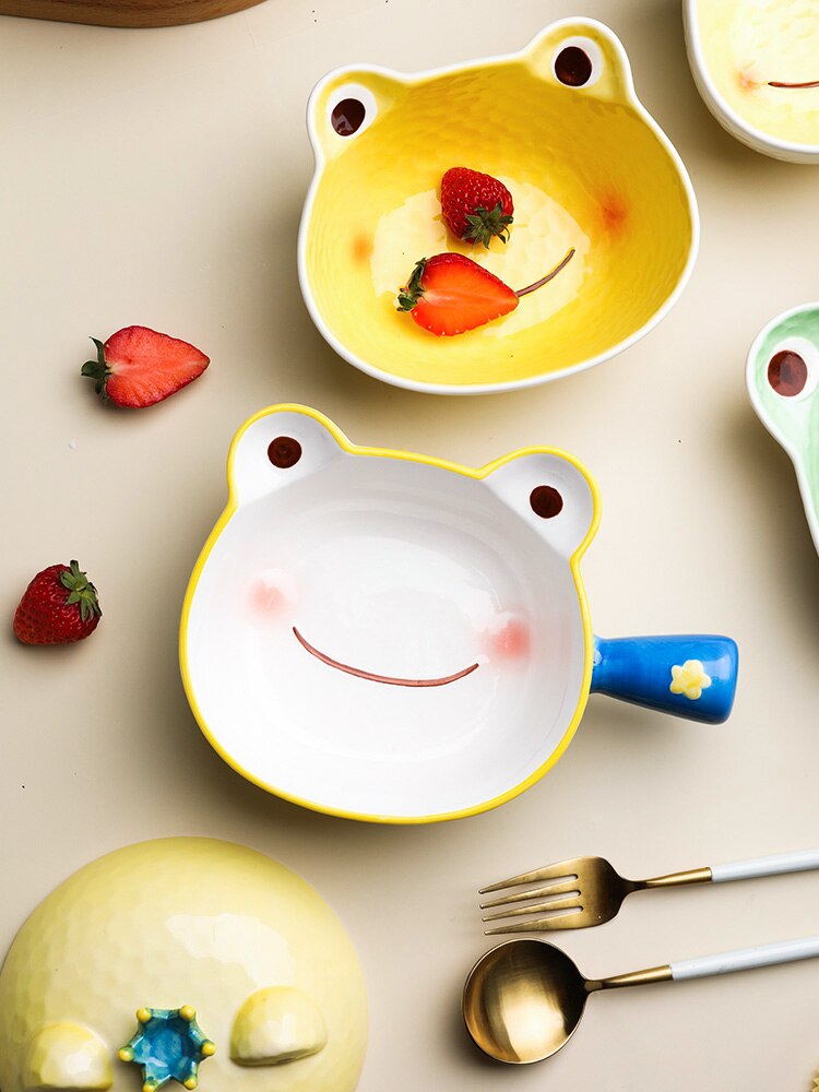 Cuencos de cerámica creativos para niños, recipiente de comida para fruta, rana de dibujos animados debajo de los platos esmaltados de 8,5 pulgadas
