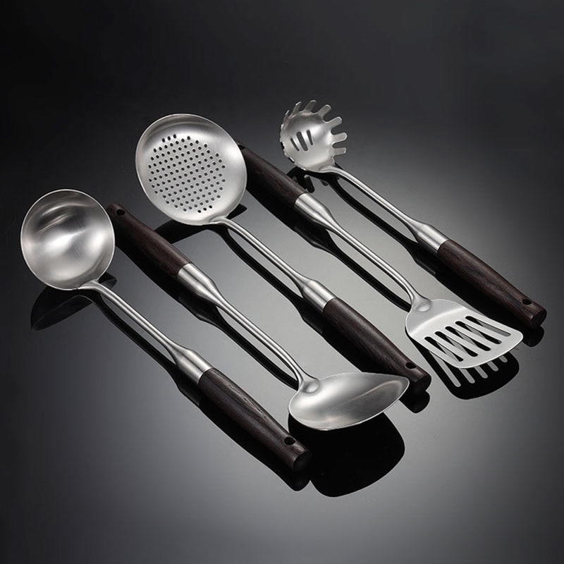 304 Stainless Steel Kitchen Utensils Set, Cooking Utensils with Wooden Handle - Turner Soup Ladle Strainer Pasta Server
