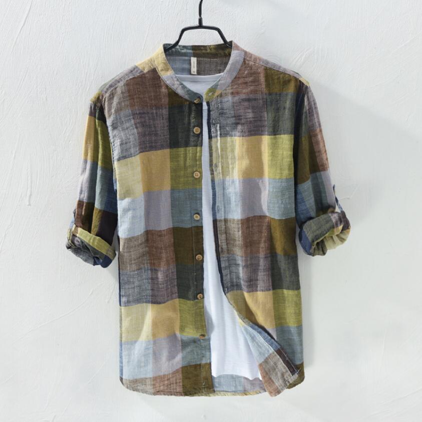 Casual ternet skjorter mænd linned langærmede skjorter meget gode mandlige kjole skjorter: Khaki / Xxl
