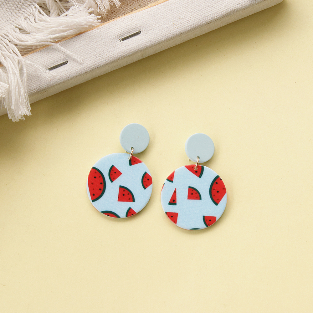Round Watermelon Print Cute Fruit Earrings Classic Trendy Pink Blue Unique Dangle Earring Statements Vintage Jewelry: Blue