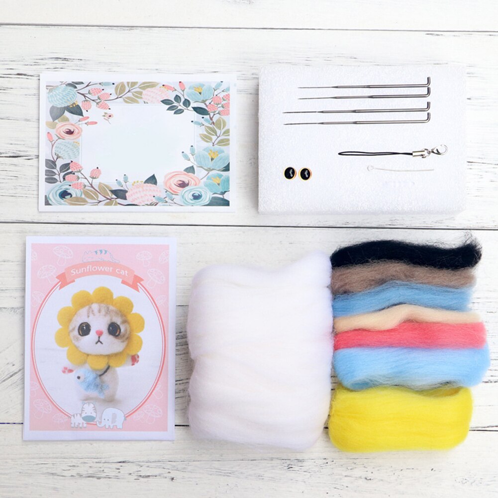 Wool Felt Needle Poked Kitting DIY Cute Animal Sunflower Cat Wool Felting Package Non-Finished Handmade Pets Toy Doll Decor