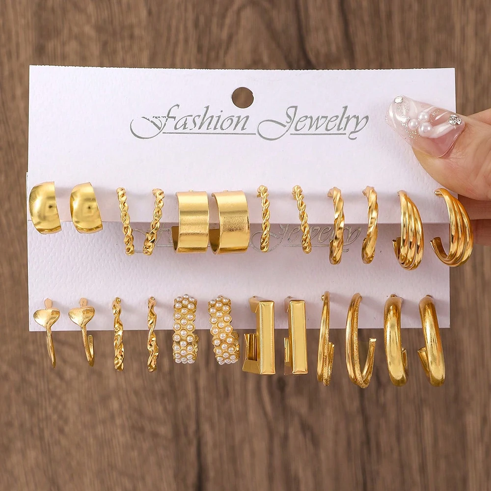 Boho Big Circle Hoop Earring Set for Women, Gold Color Bohemia Vintage Pearl Earring, Heart Zircon Ear Studs Jewelry: Antique Bronze Plated