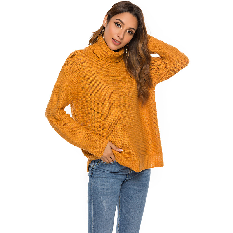 Winter Pullover Sweater Oversized Tops High Neck Long Sleeve Knitted Sweaters: M / Orange