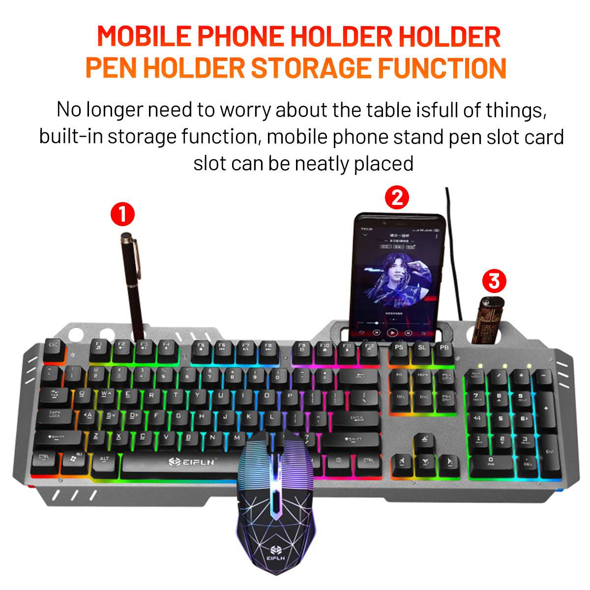 Gaming Keyboard Mouse Set Mechanical Feel With RGB LED Backlight Phone Holder Gamer USB Wired Ergonomic Keyboard Combos