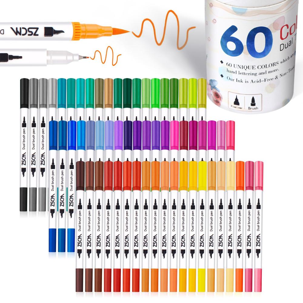 60 Kleuren Dual Tip Art Marker Pen Aquarel Markers Pen Tekening Fine Liner Schilderen Borstel Kalligrafie Schetsen Schoolbenodigdheden