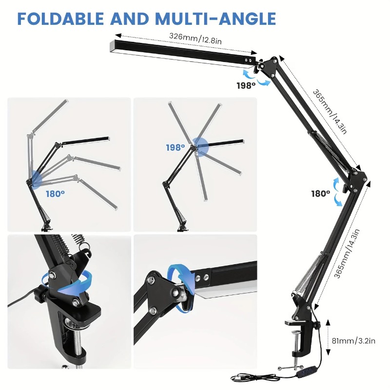 Lâmpada de mesa led com braçadeira, lâmpada de mesa de 3 cores com braço oscilante ajustável, luz de mesa moderna para cuidados com os olhos, escritório doméstico, artesanato, costura