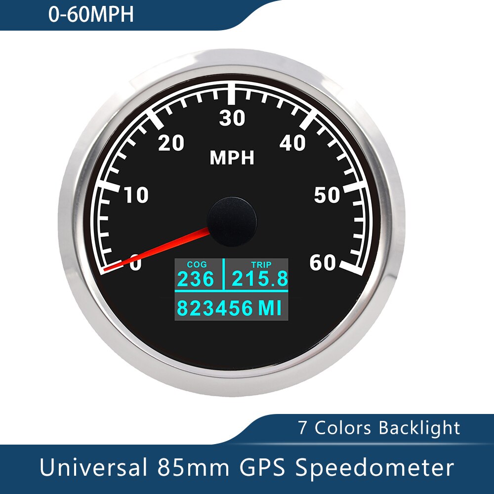 Novo velocímetro de 85mm gps 0-30/60 nós 0-60/80/120/160/200 mph 0-60/120/200km/h com luz de fundo de 7 cores para a motocicleta do barco do carro: 60MBS