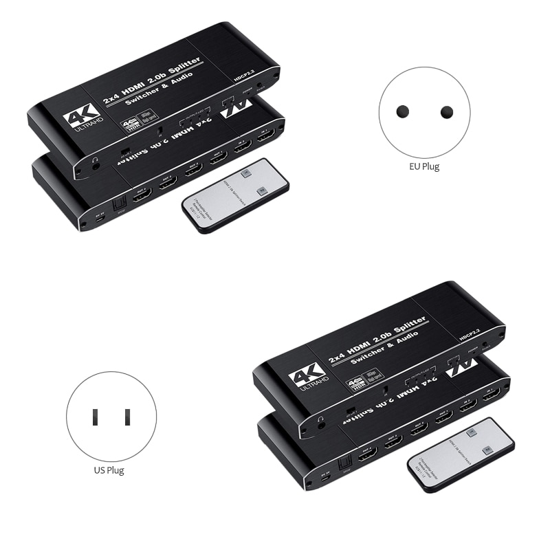 HDMI Matrix 4X2 4K HDR Switch Splitter 4 in 2 Out Optical o Extractor HDMI Switcher with Remote Controller(EU Plug): Default Title