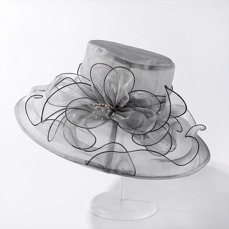 Chapéu de aba larga de organza vintage para mulheres novo vestido de igreja chapéu de casamento de noiva malha floral chapéu de sol festa praia bonés: Lavanda