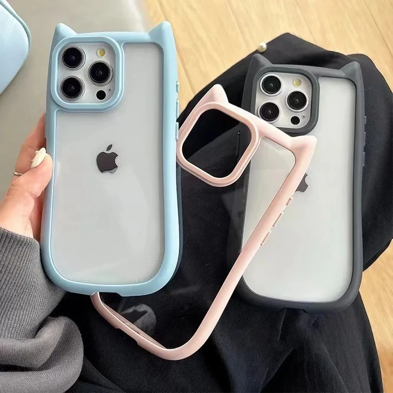 Weiche Silikon-Handyhülle mit niedlichen Katzenohren für iPhone 15, 14, 13, 12, 11, Profi Max, transparent, stoßfest, harte Acryl-Stoßstangen-Rückseite