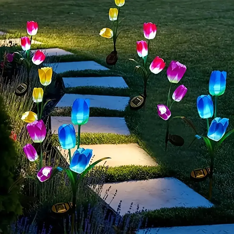 Lámpara decorativa de jardín con forma de flor de tulipán alimentada por energía Solar, iluminación de paisaje exterior única para camino de jardín, luces de estaca para césped N01