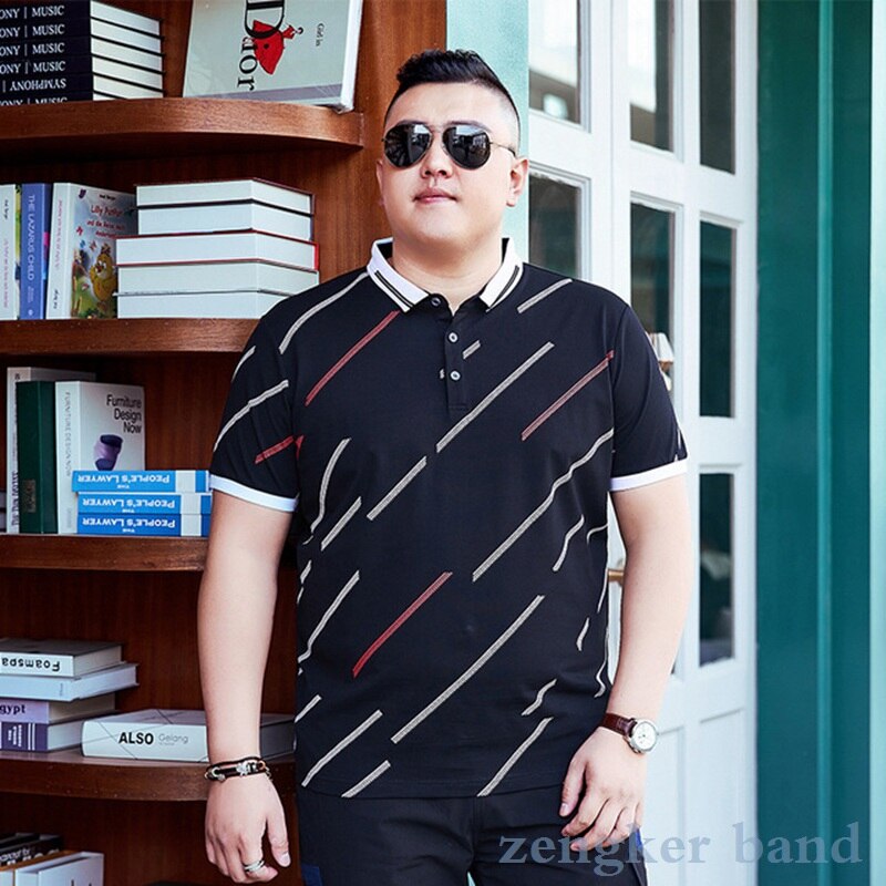 Tamanho grande camisa de lapela de manga curta masculina cara gordo verão polo solto listra masculina camisa polo 140kg