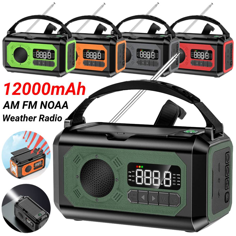 Nødradio er/fm/noaa værradio 12000 mah solcelledrevet håndsveivgenerator bærbar radio med lommelykt powerbank sos-alarm