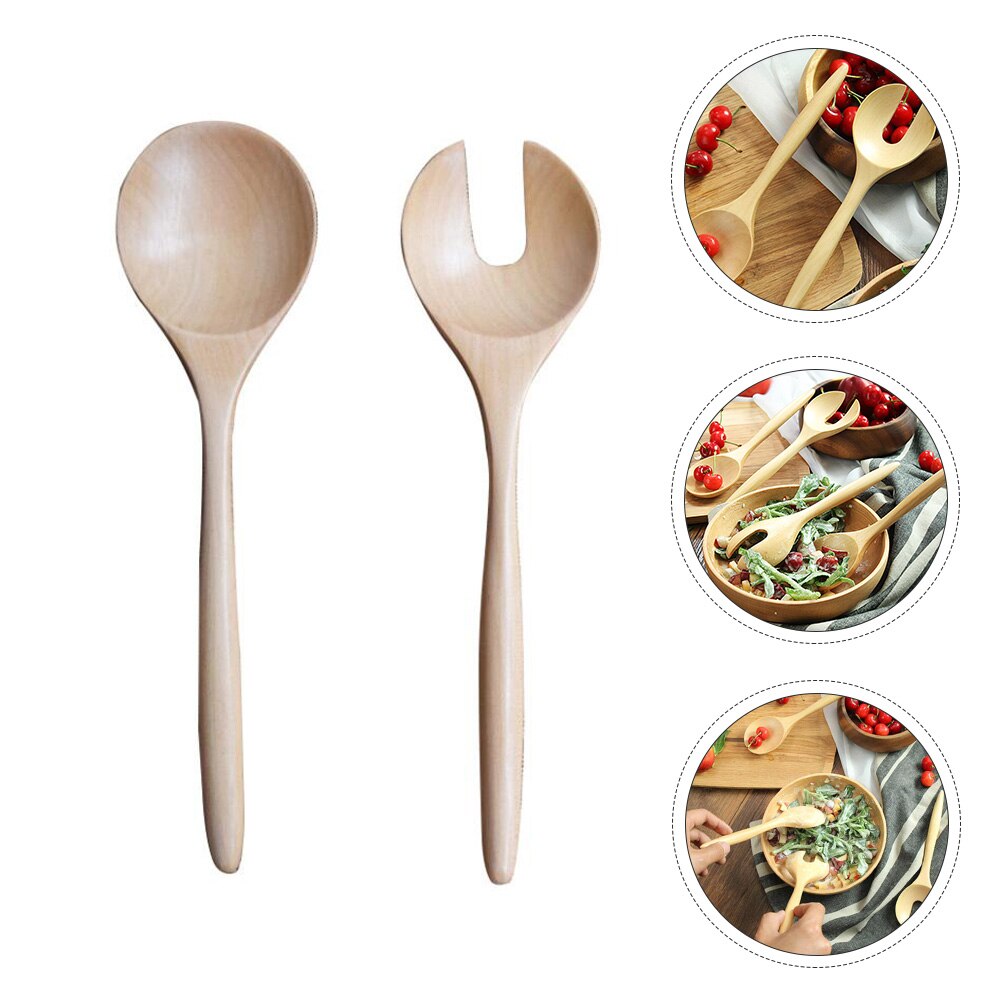 1 Set 2pcs Salad Spoon Round Wood Spoon and Fork Salad Servers Wood Color