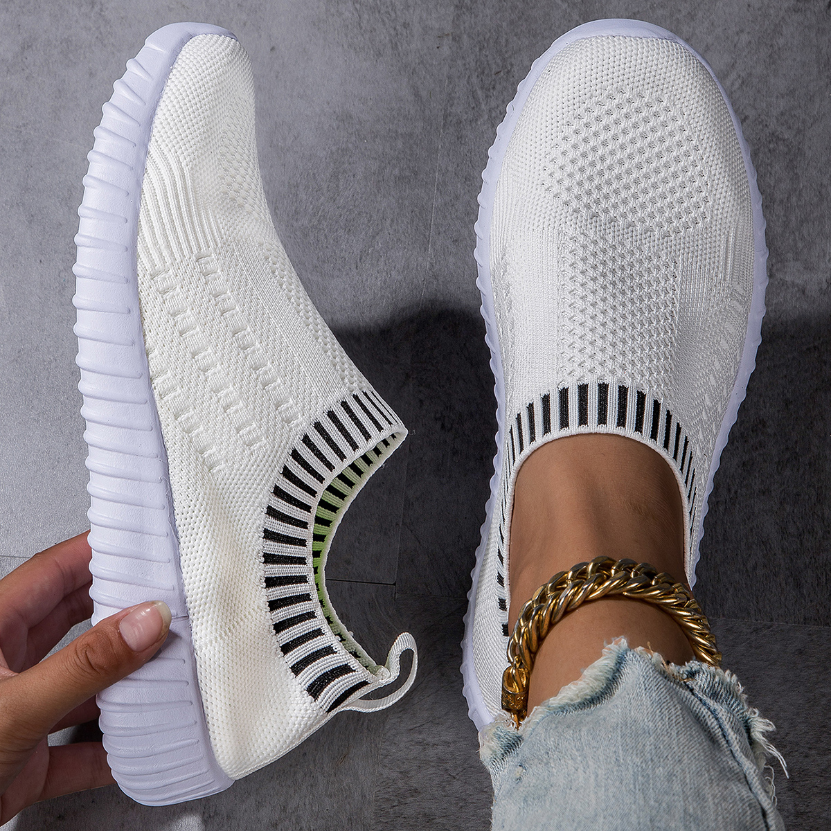 Ademende gebreide damessneakers, casual outdoorschoenen met veters, lichtgewicht mesh lage schoenen: WHITE / 42