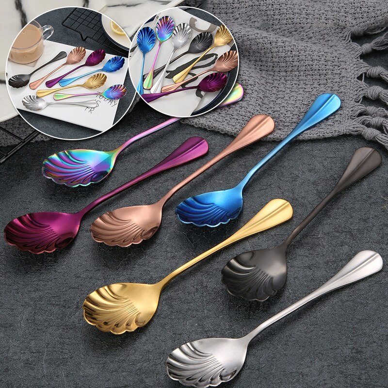 Shell Shape Stainless Steel Spoon With Long Handle Coffee Spoons Teaspoons Ice Cream Dessert Spoons Kitchen Bar Accessories